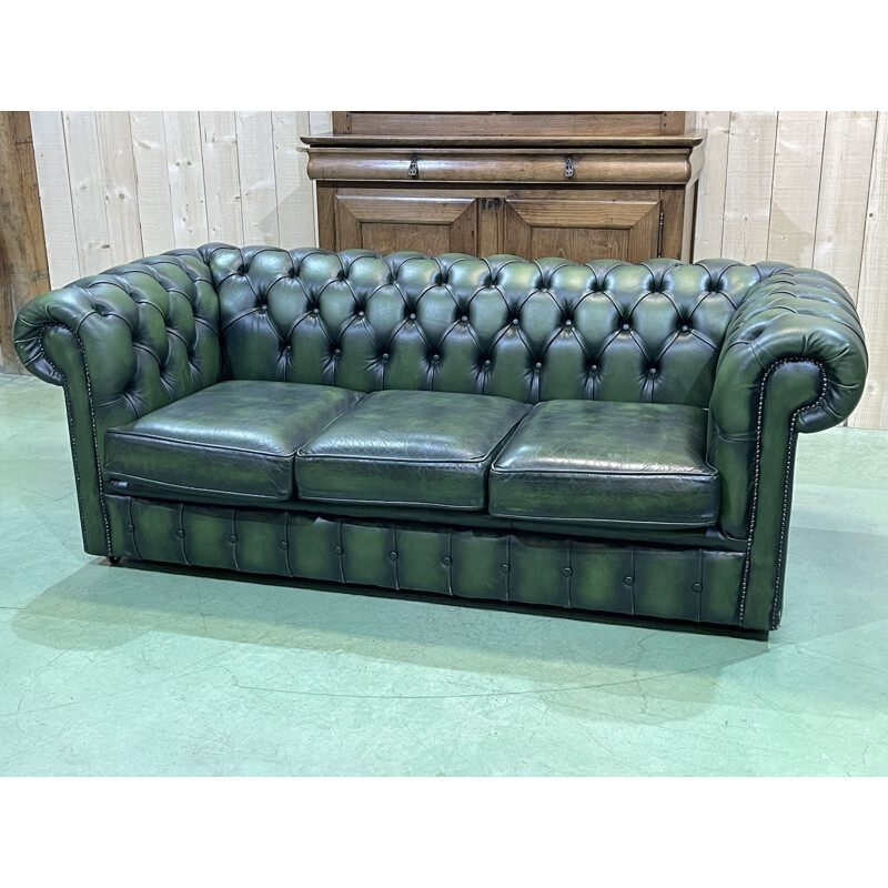 Vintage Chesterfield 3 seater sofa in green leather, 1970