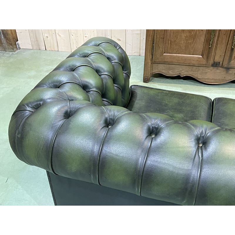 Vintage Chesterfield 3 seater sofa in green leather, 1970