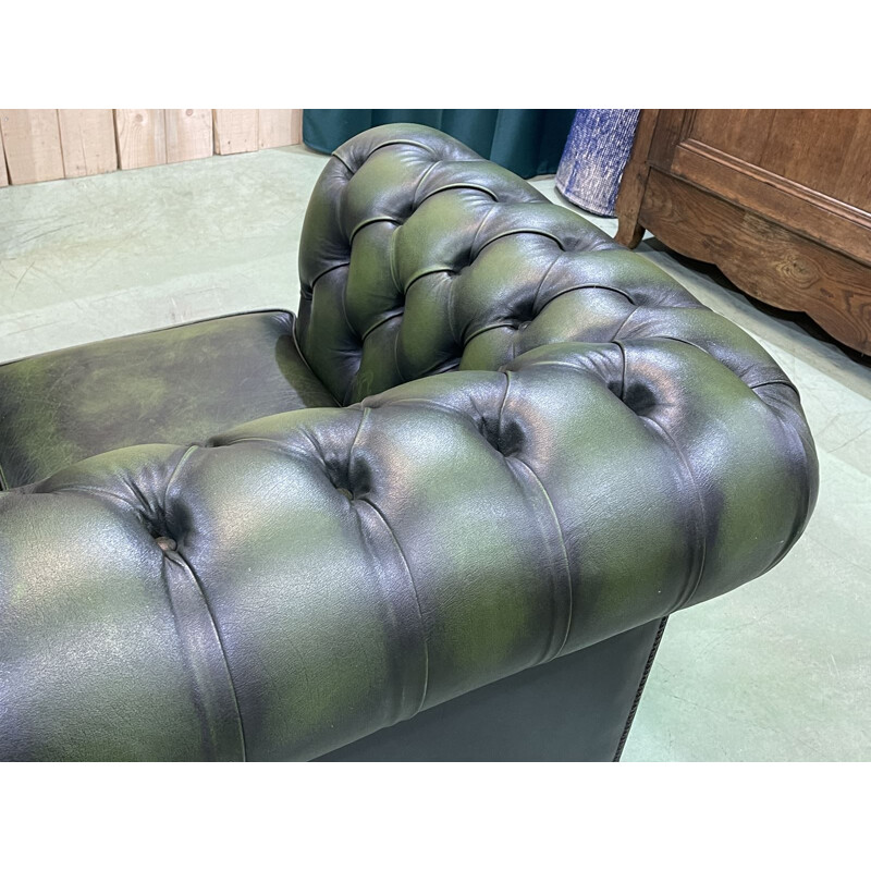 Vintage Chesterfield 3 seater sofa in green leather, 1970