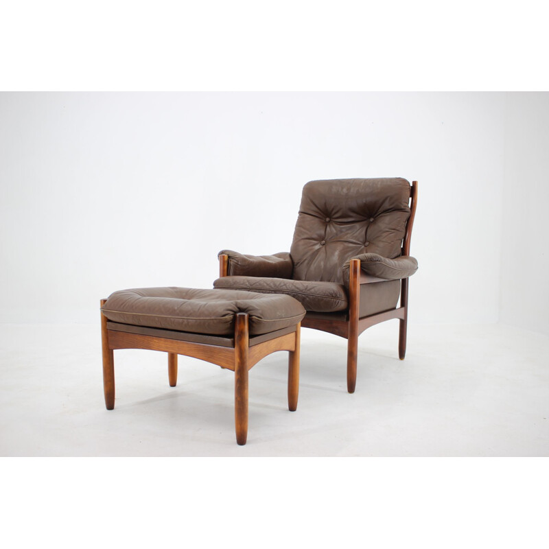 Vintage leather armchair and ottoman for Göte Möble, Sweden 1970