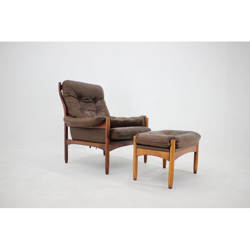 Vintage leather armchair and ottoman for Göte Möble, Sweden 1970