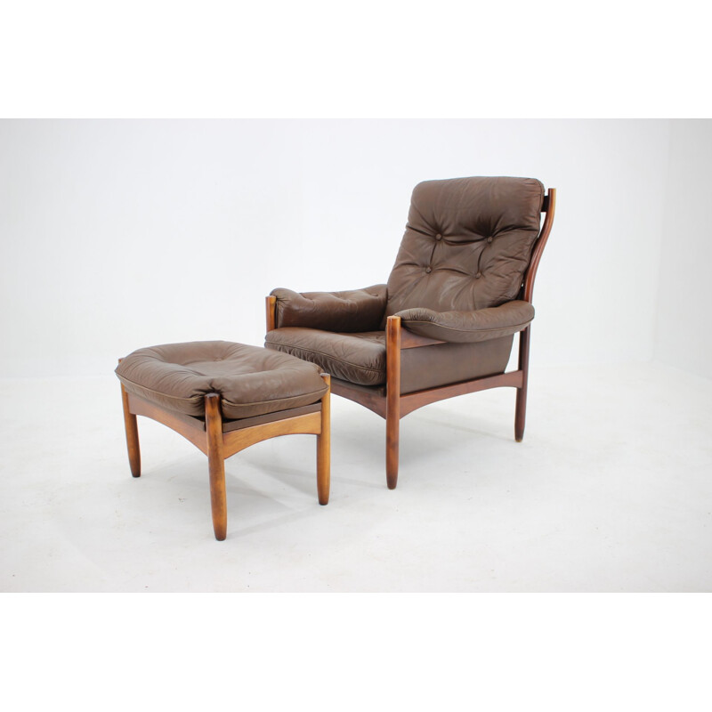 Vintage leather armchair and ottoman for Göte Möble, Sweden 1970