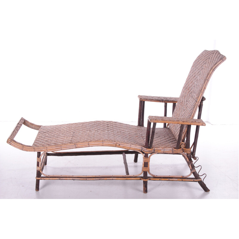 Vintage bamboo and wicker folding lounge chair, Spanish 1960