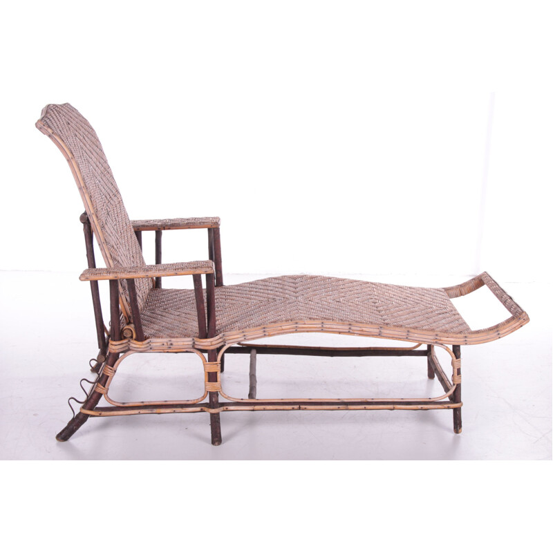 Vintage bamboo and wicker folding lounge chair, Spanish 1960