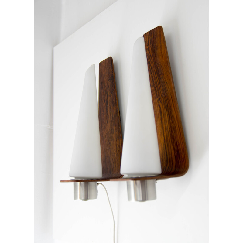 Pair of vintage sconces in rosewood and opal glass, Danish 1960