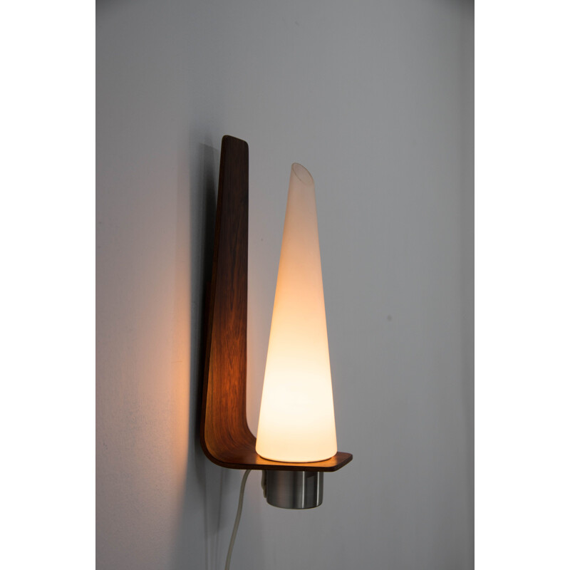 Pair of vintage sconces in rosewood and opal glass, Danish 1960