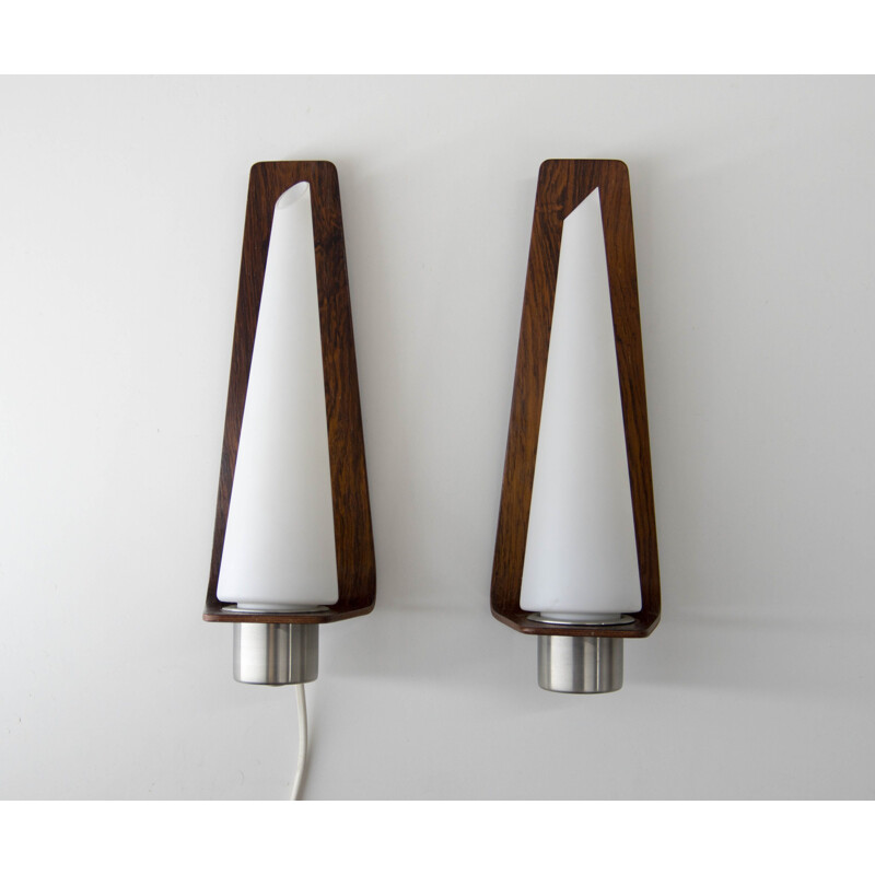 Pair of vintage sconces in rosewood and opal glass, Danish 1960