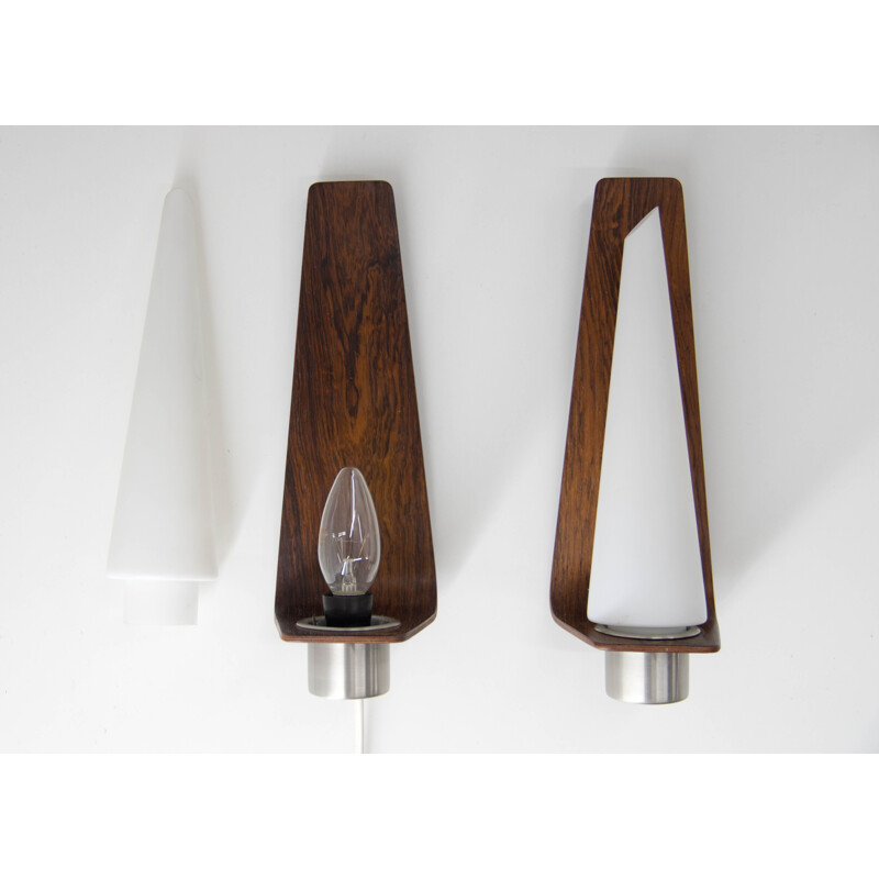 Pair of vintage sconces in rosewood and opal glass, Danish 1960