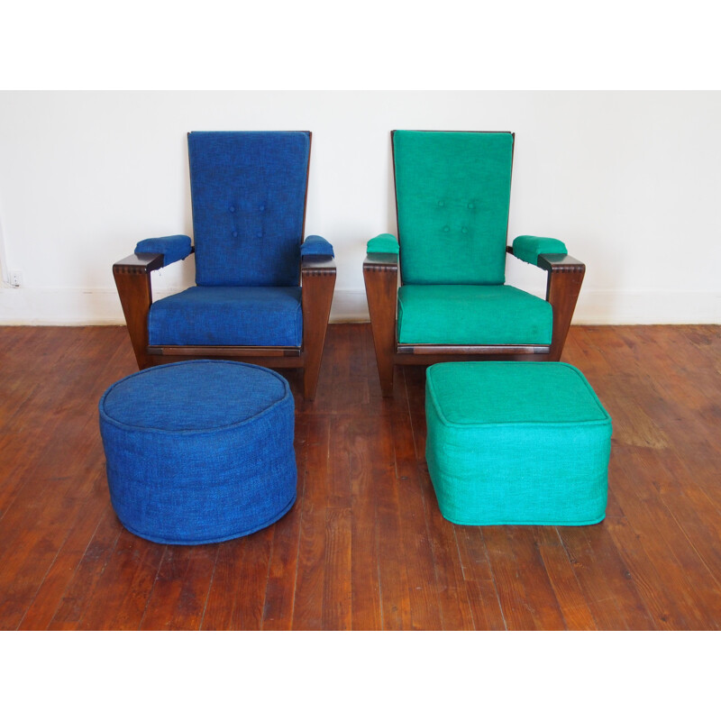 Paar vintage fauteuils met voetenbankjes van André Sornay, 1962