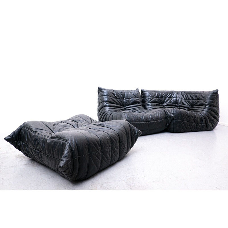 Vintage Togo lounge set in black leather by Michel Ducaroy for Ligne Roset, 1970