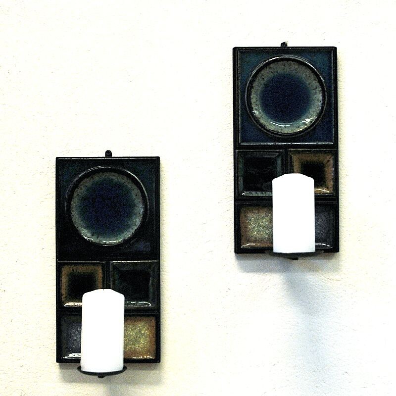 Pair of vintage glazed ceramic candleholders by Konrad Galaaen for Porsgrund Porselænsfabrik, Norway 1960