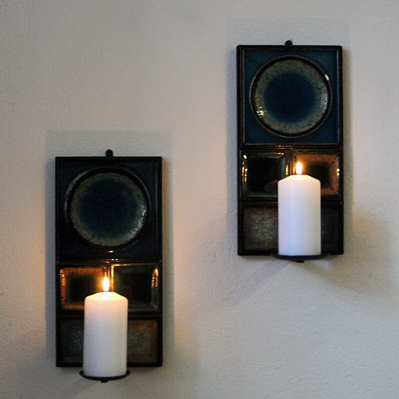 Pair of vintage glazed ceramic candleholders by Konrad Galaaen for Porsgrund Porselænsfabrik, Norway 1960