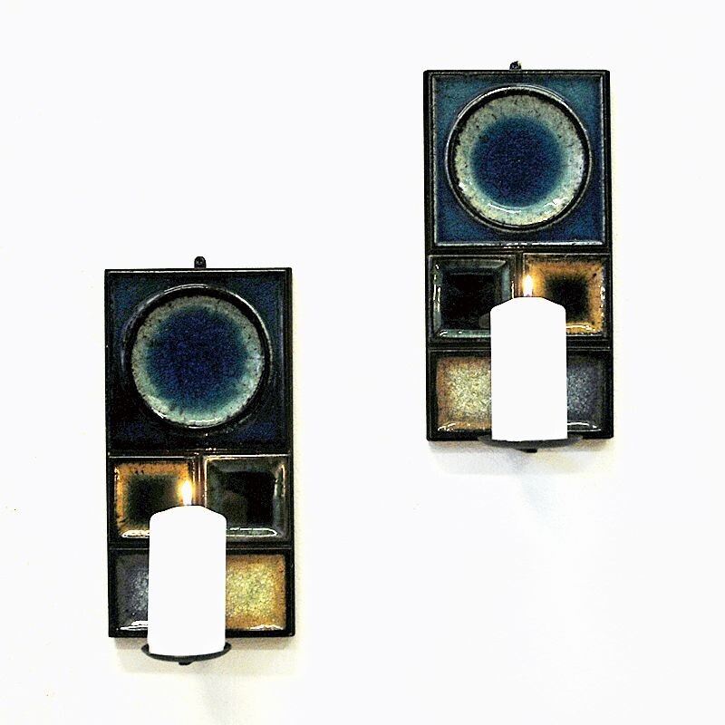 Pair of vintage glazed ceramic candleholders by Konrad Galaaen for Porsgrund Porselænsfabrik, Norway 1960