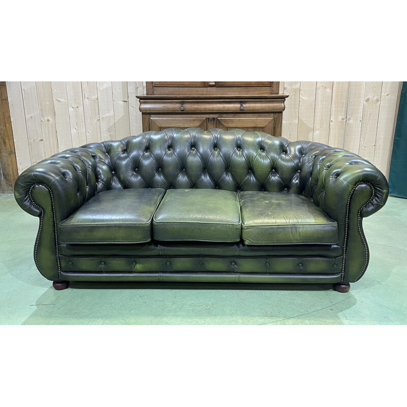 Vintage Chesterfield 3 seater sofa in green leather, English 1970
