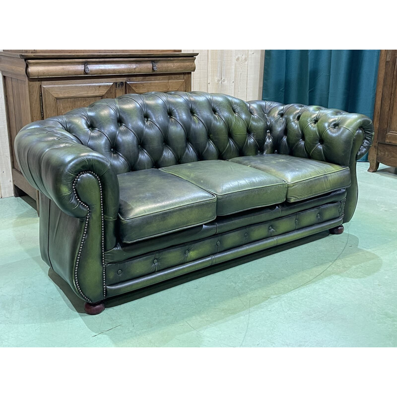 Vintage Chesterfield 3 seater sofa in green leather, English 1970