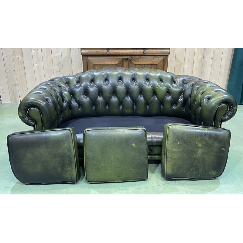 Vintage Chesterfield 3 seater sofa in green leather, English 1970