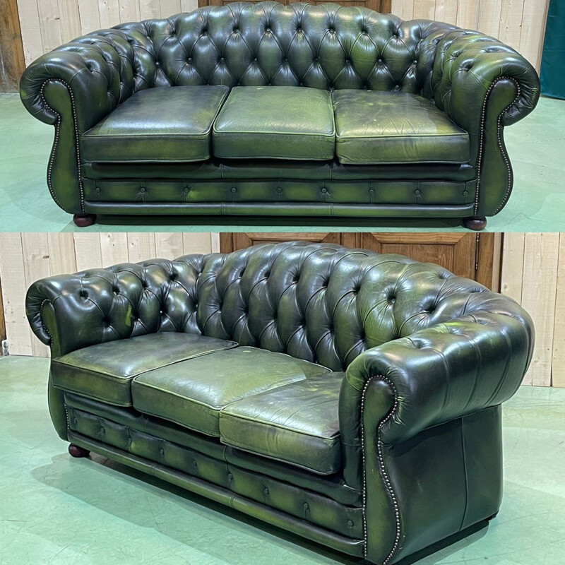 Canapé vintage Chesterfield 3 places en cuir vert, anglais 1970