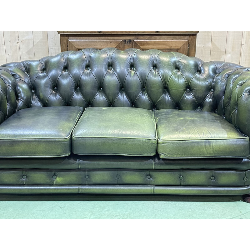 Canapé vintage Chesterfield 3 places en cuir vert, anglais 1970