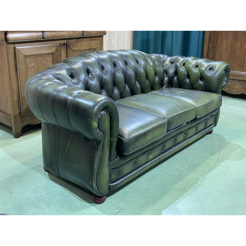 Vintage Chesterfield 3 seater sofa in green leather, English 1970