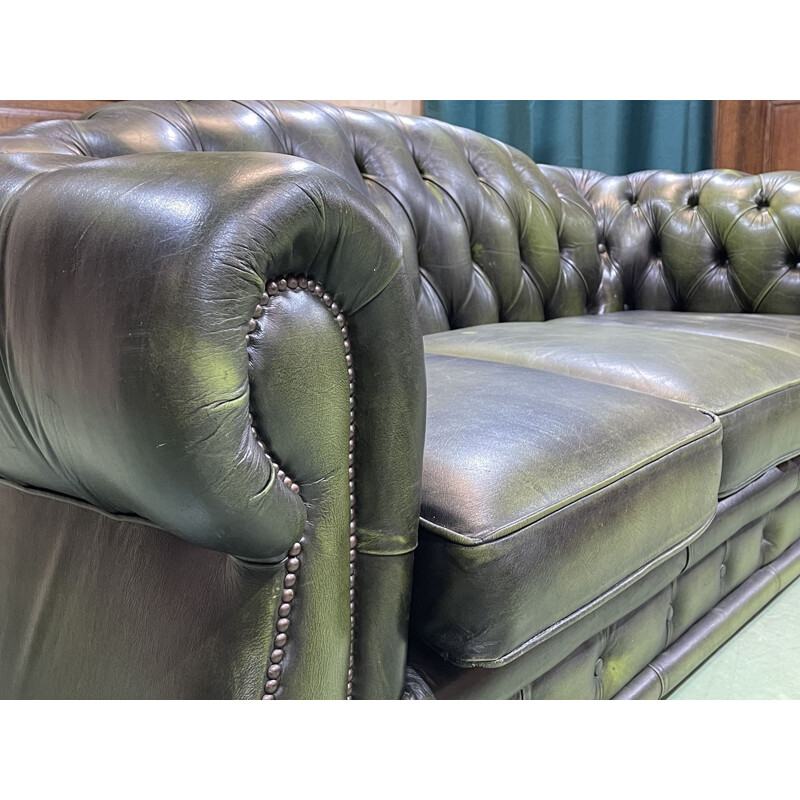 Vintage Chesterfield 3 seater sofa in green leather, English 1970