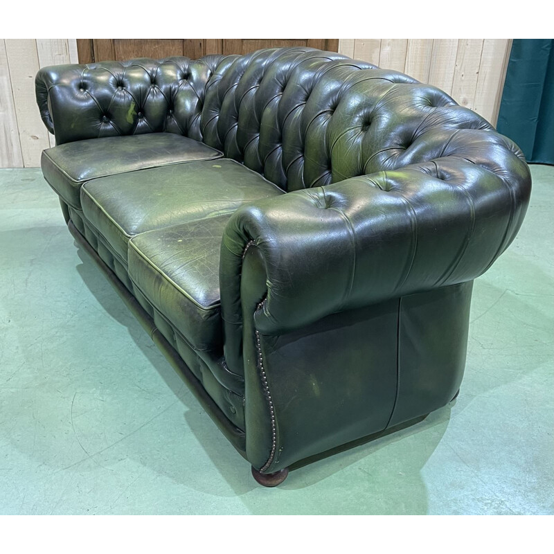 Vintage Chesterfield 3 seater sofa in green leather, English 1970