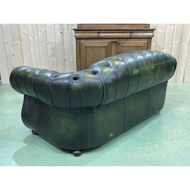 Vintage Chesterfield 3 seater sofa in green leather, English 1970