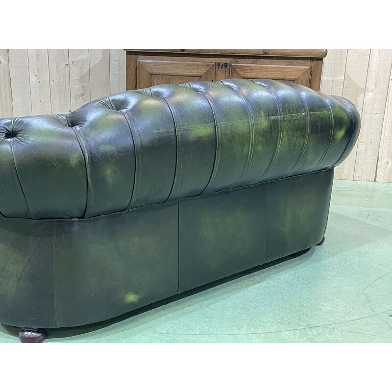 Vintage Chesterfield 3 seater sofa in green leather, English 1970