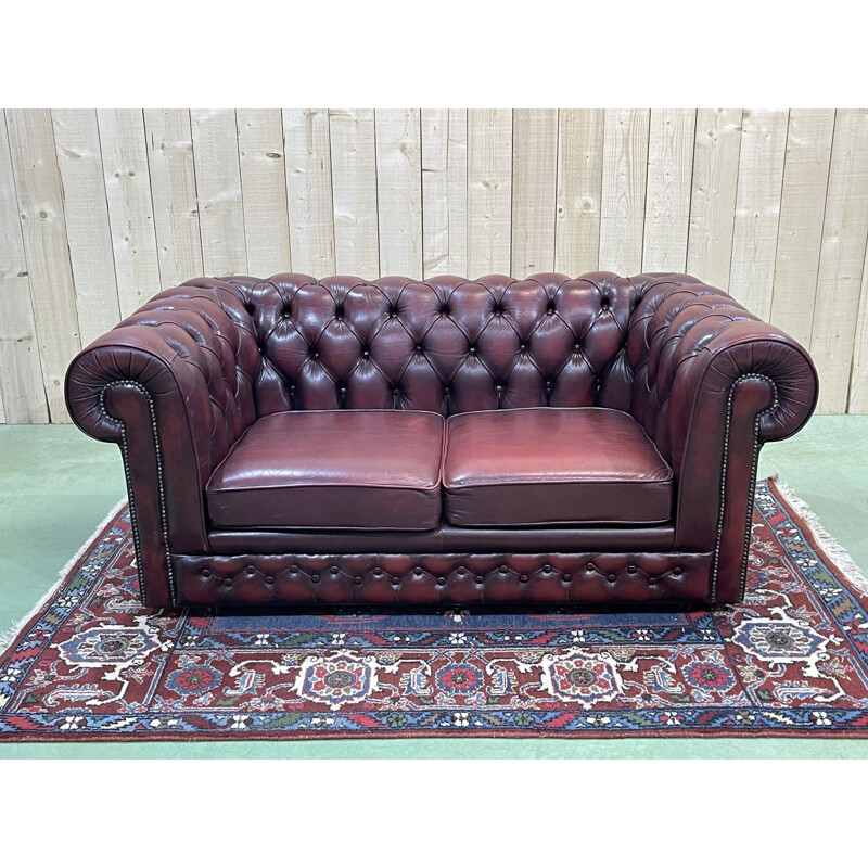 Vintage Chesterfield 2 seater sofa in burgundy leather, English 1970