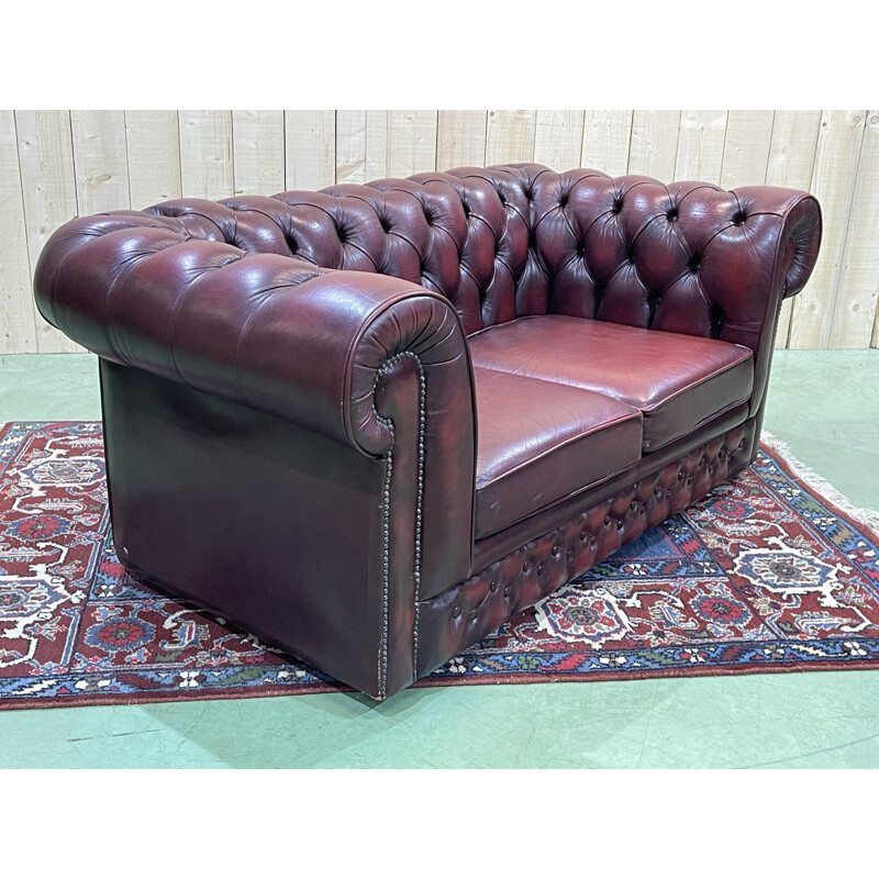 Vintage Chesterfield 2 seater sofa in burgundy leather, English 1970