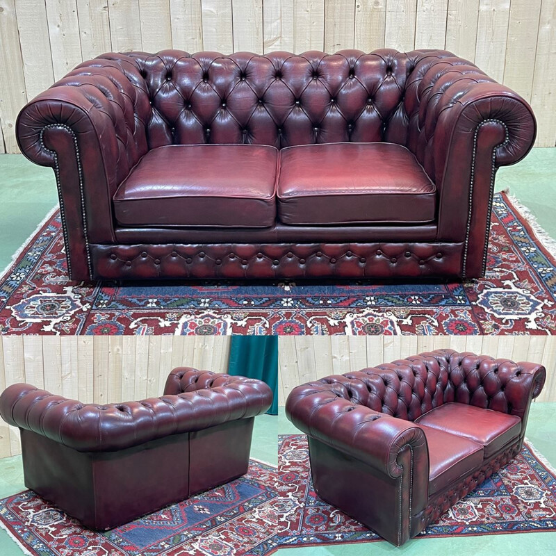 Vintage Chesterfield 2 seater sofa in burgundy leather, English 1970