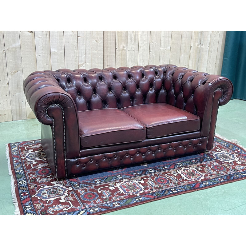 Vintage Chesterfield 2 seater sofa in burgundy leather, English 1970