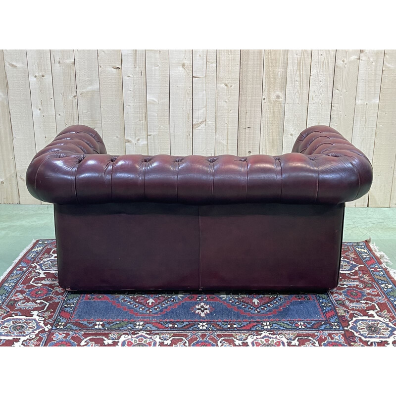 Vintage Chesterfield 2 seater sofa in burgundy leather, English 1970