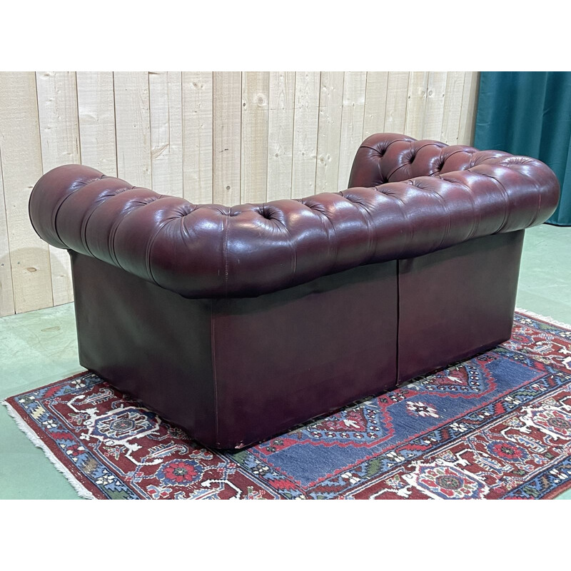 Vintage Chesterfield 2 seater sofa in burgundy leather, English 1970