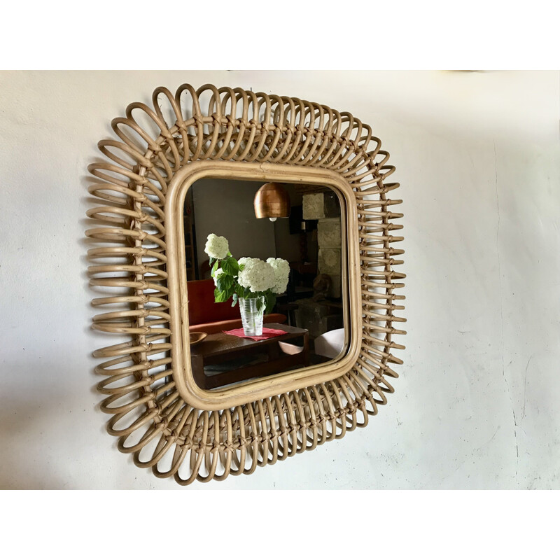Miroir vintage en rotin torsadé, 1960