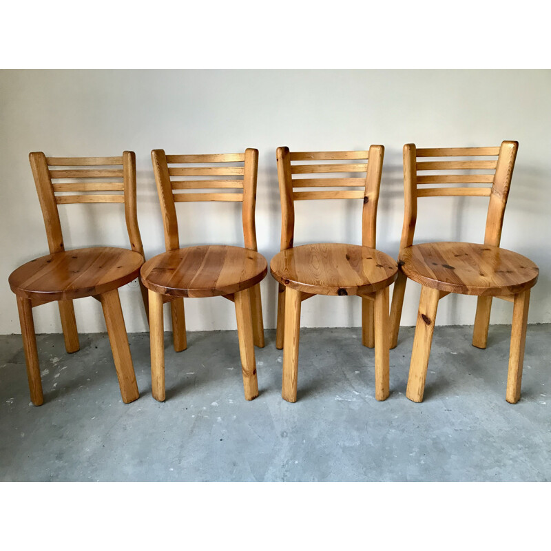 Set of 4 vintage solid pine chairs, France 1970