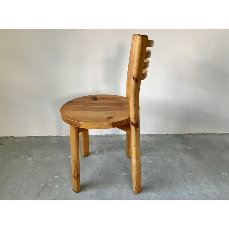 Set of 4 vintage solid pine chairs, France 1970