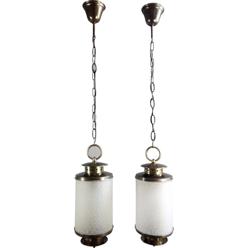Pair of vintage brass and glass pendant lamps, Italy 1950