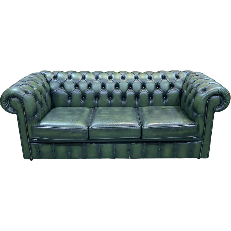 Vintage Chesterfield 3 seater sofa in green leather, 1970