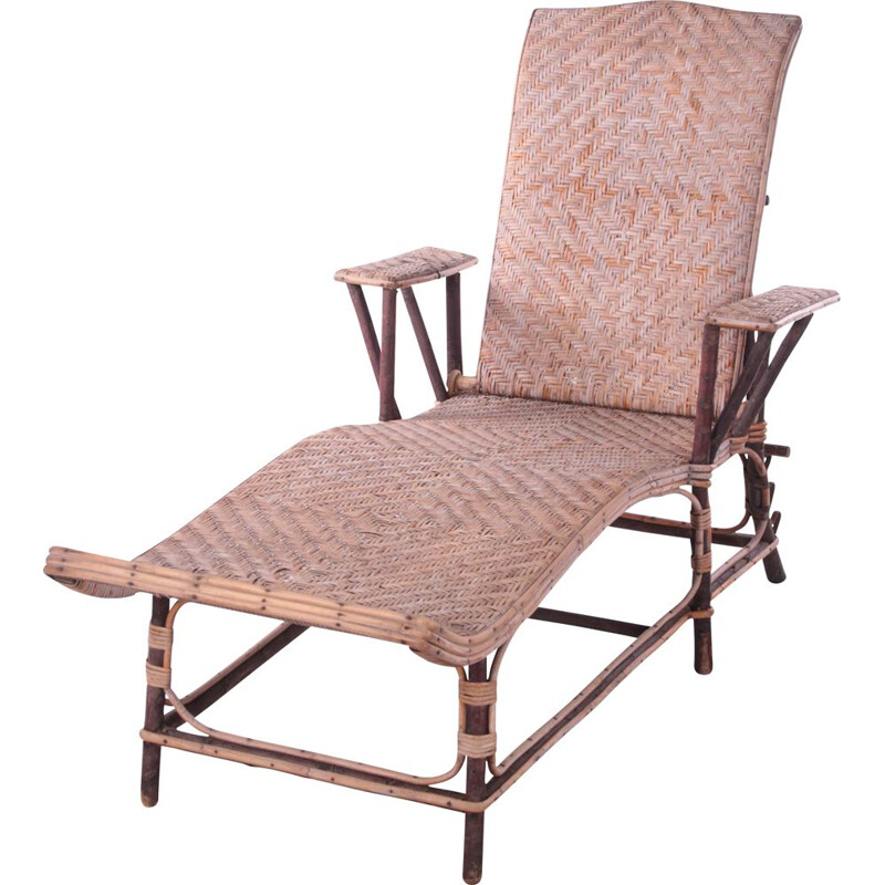 Vintage bamboo and wicker folding lounge chair, Spanish 1960