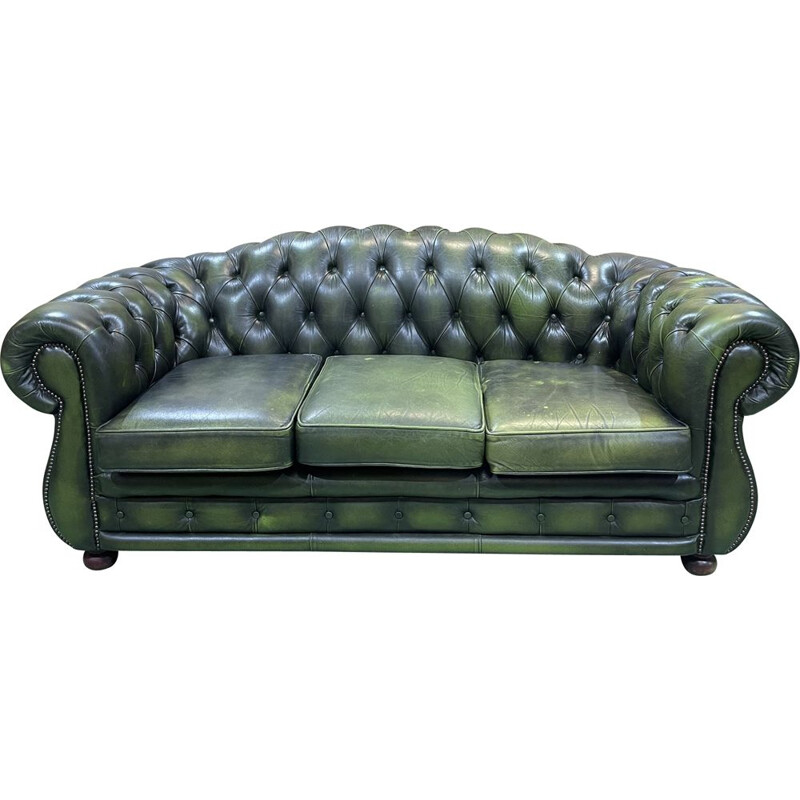 Vintage Chesterfield 3 seater sofa in green leather, English 1970