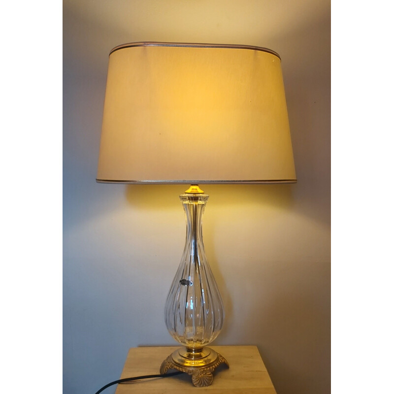 Vintage crystal glass and brass table lamp by Cristal d'Albret, France 1970s