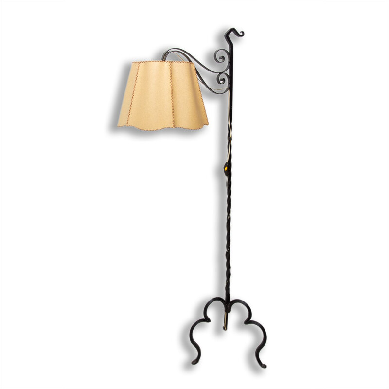 Vintage iron floor lamp with renovated shade, 1930