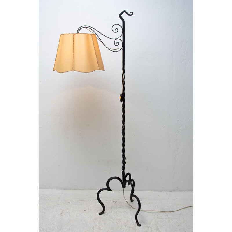 Vintage iron floor lamp with renovated shade, 1930