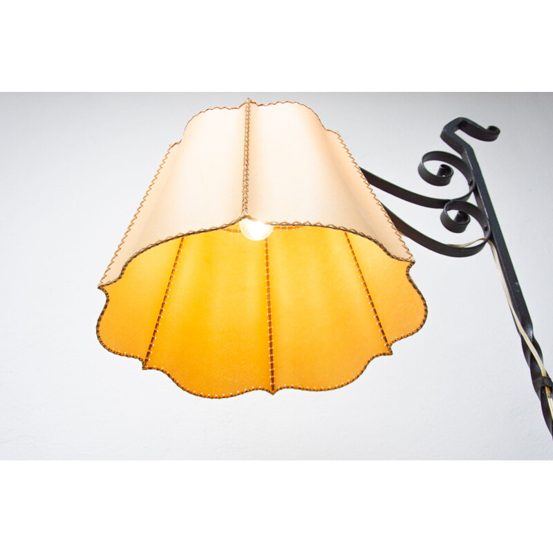 Vintage iron floor lamp with renovated shade, 1930