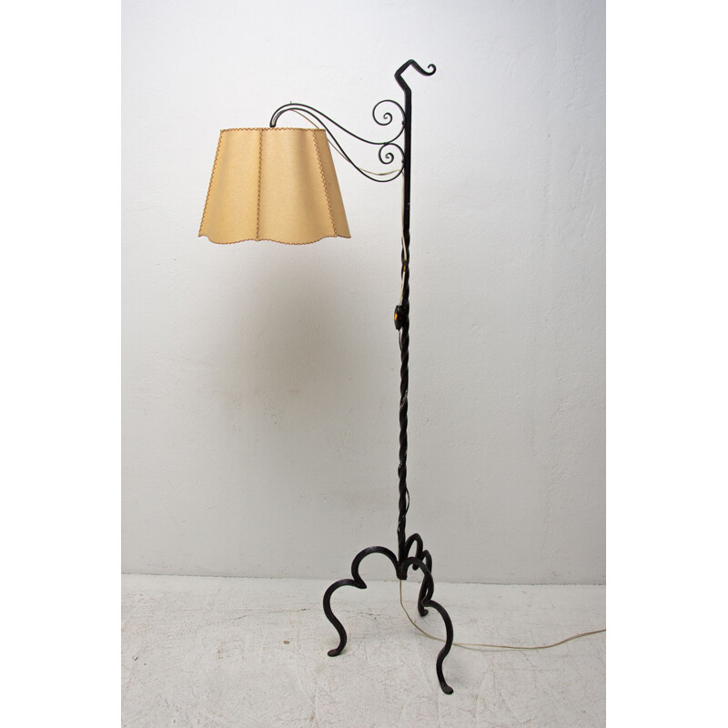 Vintage iron floor lamp with renovated shade, 1930