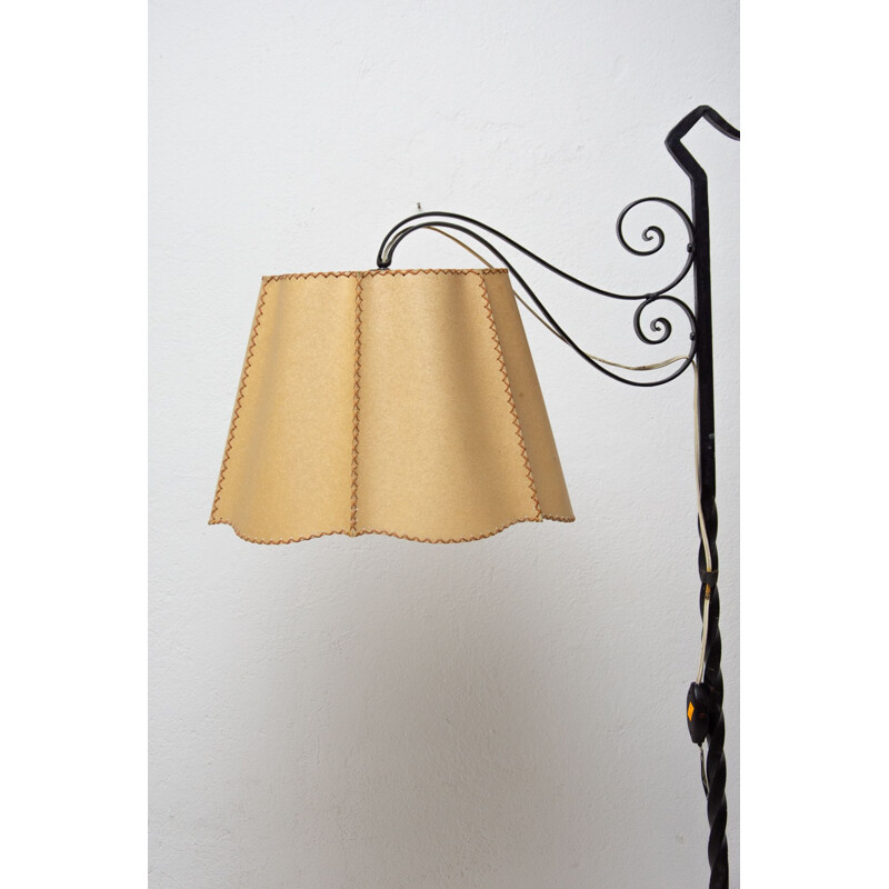 Vintage iron floor lamp with renovated shade, 1930