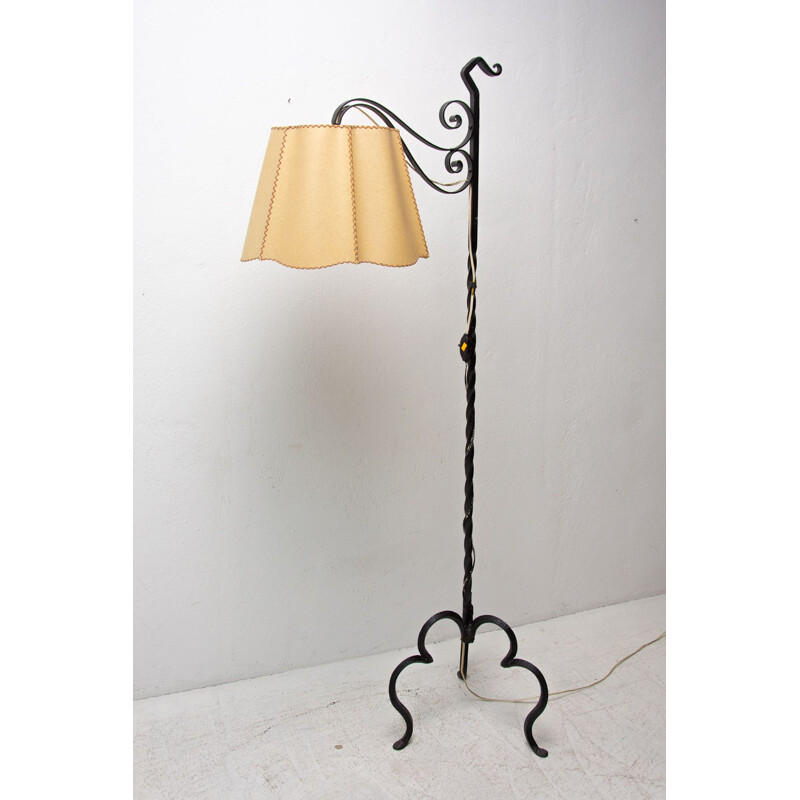 Vintage iron floor lamp with renovated shade, 1930