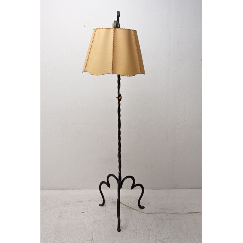 Vintage iron floor lamp with renovated shade, 1930