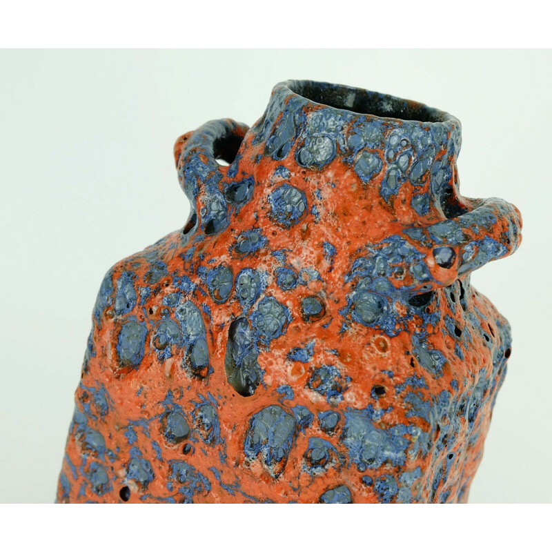 Vase vintage avec une glaçure de lave grasse en orange et bleu par ES-Keramik, 1960