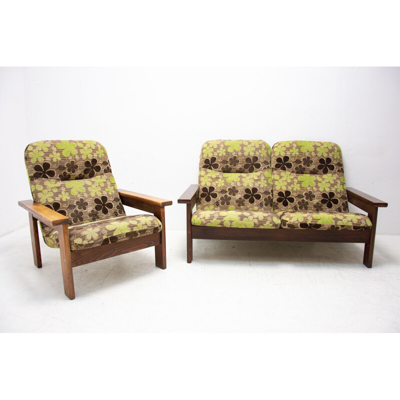 Vintage Scandinavian style fabric and beechwood living room set, 1980s